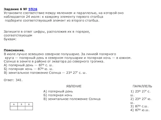 Задание 6 № 5926 Установите со­от­вет­ствие между яв­ле­ни­ем и параллелью,