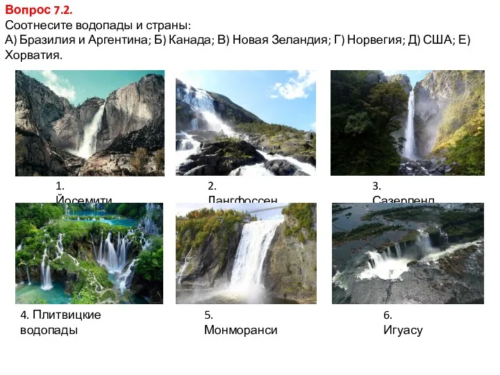 1. Йосемити Вопрос 7.2. Соотнесите водопады и страны: А) Бразилия