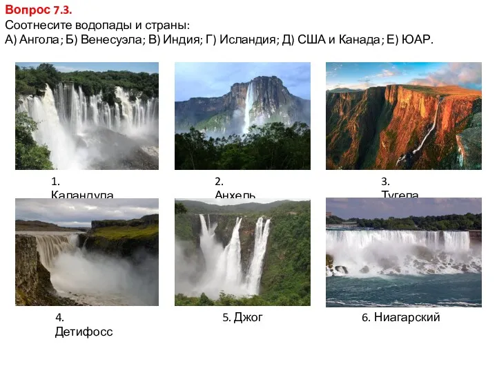 1. Каландула Вопрос 7.3. Соотнесите водопады и страны: А) Ангола; Б) Венесуэла; В)