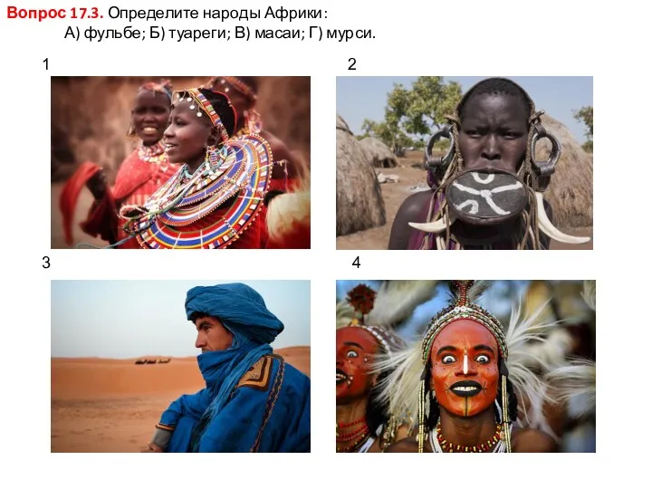 Вопрос 17.3. Определите народы Африки: А) фульбе; Б) туареги; В) масаи; Г) мурси.