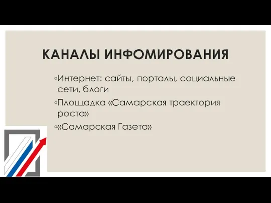 КАНАЛЫ ИНФОМИРОВАНИЯ Интернет: сайты, порталы, социальные сети, блоги Площадка «Самарская траектория роста» «Самарская Газета»