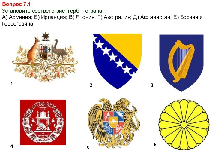 Вопрос 7.1 Установите соответствие: герб – страна А) Армения; Б)