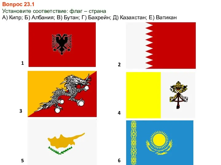 Вопрос 23.1 Установите соответствие: флаг – страна А) Кипр; Б)