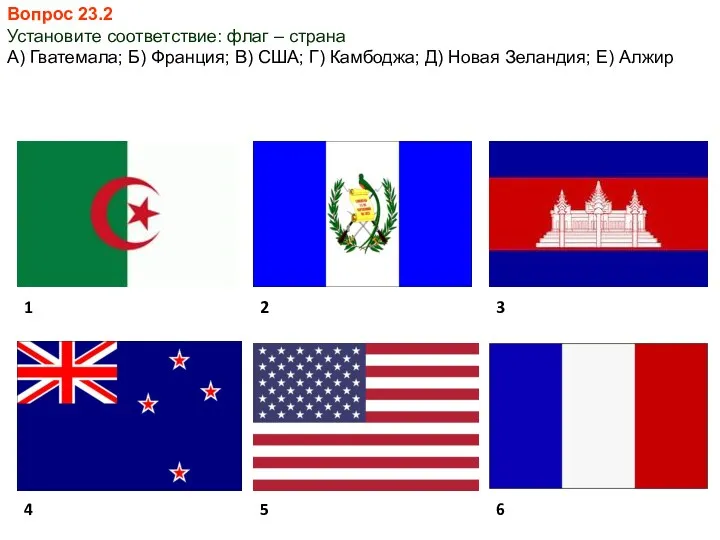 Вопрос 23.2 Установите соответствие: флаг – страна А) Гватемала; Б)