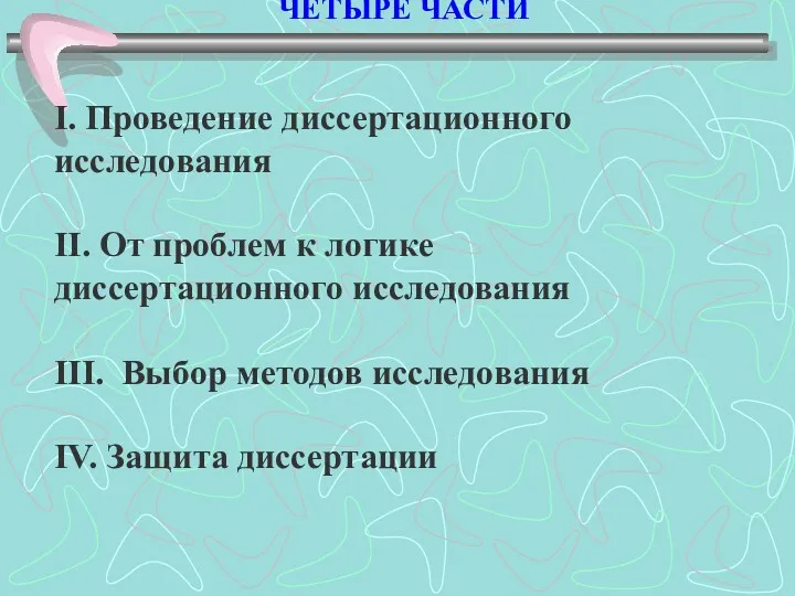 ЧЕТЫРЕ ЧАСТИ I. Проведение диссертационного исследования II. От проблем к логике диссертационного исследования