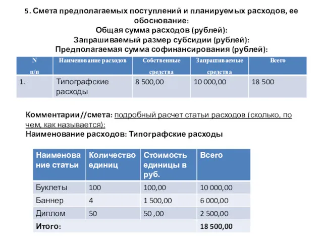 5. Смета предполагаемых поступлений и планируемых расходов, ее обоснование: Общая