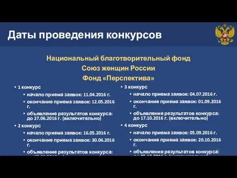 Даты проведения конкурсов Национальный благотворительный фонд Союз женщин России Фонд