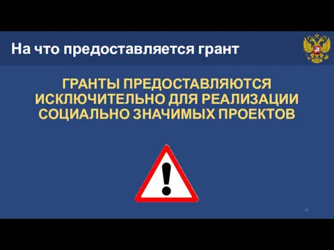 На что предоставляется грант ГРАНТЫ ПРЕДОСТАВЛЯЮТСЯ ИСКЛЮЧИТЕЛЬНО ДЛЯ РЕАЛИЗАЦИИ СОЦИАЛЬНО ЗНАЧИМЫХ ПРОЕКТОВ