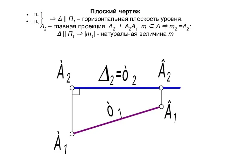 Плоский чертеж ⇒ Δ || П1 – горизонтальная плоскость уровня.