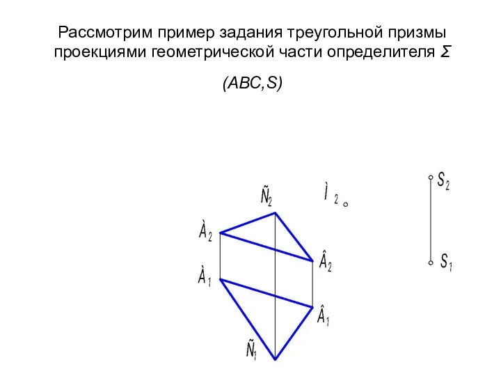 Рассмотрим пример задания треугольной призмы проекциями геометрической части определителя Σ(АВС,S)