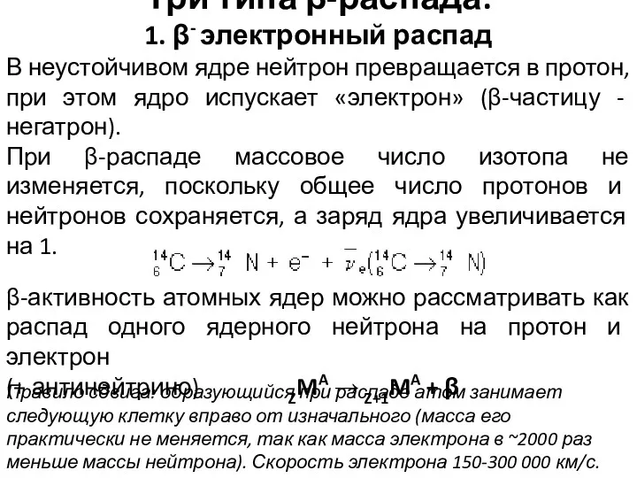 Три типа β-распада: 1. β- электронный распад В неустойчивом ядре