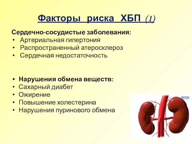Факторы риска ХБП (1) Сердечно-сосудистые заболевания: Артериальная гипертония Распространенный атеросклероз Сердечная недостаточность Нарушения