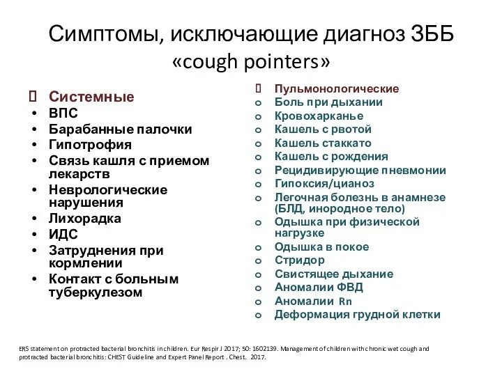 Симптомы, исключающие диагноз ЗББ «cough pointers» Системные ВПС Барабанные палочки