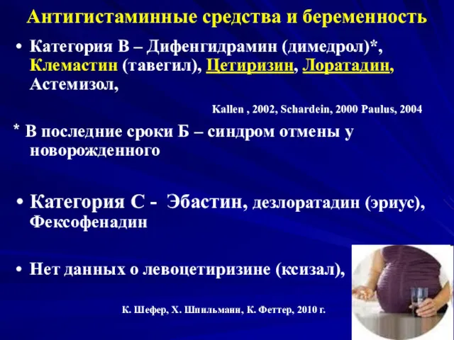 Антигистаминные средства и беременность Категория В – Дифенгидрамин (димедрол)*, Клемастин