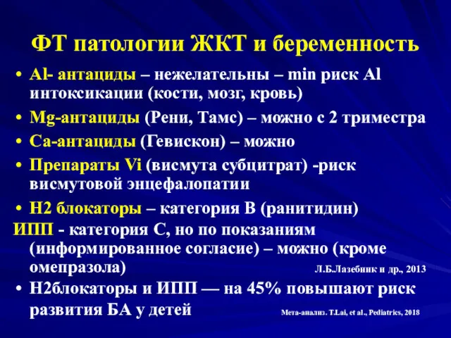 ФТ патологии ЖКТ и беременность Al- антациды – нежелательны –