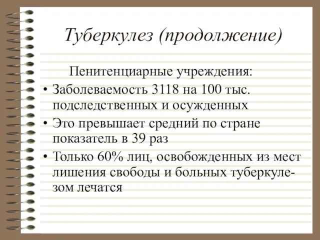 Туберкулез (продолжение) Пенитенциарные учреждения: Заболеваемость 3118 на 100 тыс. подследственных и осужденных Это