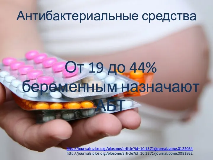 От 19 до 44% беременным назначают АБТ Антибактериальные средства http://journals.plos.org/plosone/article?id=10.1371/journal.pone.0122034 http://journals.plos.org/plosone/article?id=10.1371/journal.pone.0082932