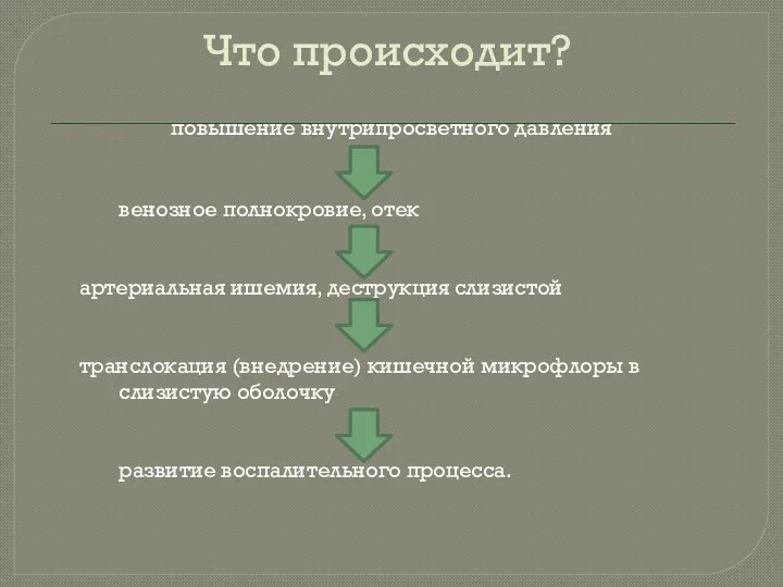 Что происходит? повышение внутрипросветного давления венозное полнокровие, отек артериальная ишемия, деструкция слизистой транслокация