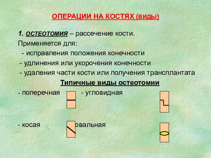 ОПЕРАЦИИ НА КОСТЯХ (ВИДЫ) 1. ОСТЕОТОМИЯ – рассечение кости. Применяется