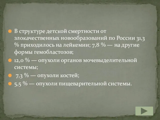 В структуре детской смертности от злокачественных новообразований по России 31,3