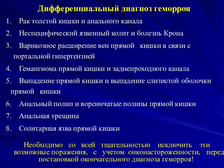 Дифференциальный диагноз геморроя 1. Рак толстой кишки и анального канала 2. Неспецифический язвенный