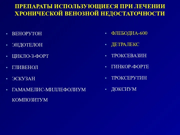 ПРЕПАРАТЫ ИСПОЛЬЗУЮЩИЕСЯ ПРИ ЛЕЧЕНИИ ХРОНИЧЕСКОЙ ВЕНОЗНОЙ НЕДОСТАТОЧНОСТИ ВЕНОРУТОН ЭНДОТЕЛОН ЦИКЛО-З-ФОРТ ГЛИВЕНОЛ ЭСКУЗАН ГАМАМЕЛИС-МИЛЛЕФОЛИУМ