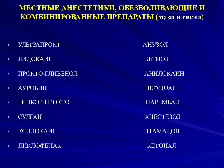 МЕСТНЫЕ АНЕСТЕТИКИ, ОБЕЗБОЛИВАЮЩИЕ И КОМБИНИРОВАННЫЕ ПРЕПАРАТЫ (мази и свечи) УЛЬТРАПРОКТ