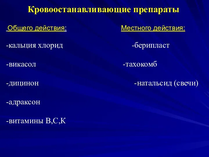 Общего действия: Местного действия: -кальция хлорид -берипласт -викасол -тахокомб -дицинон