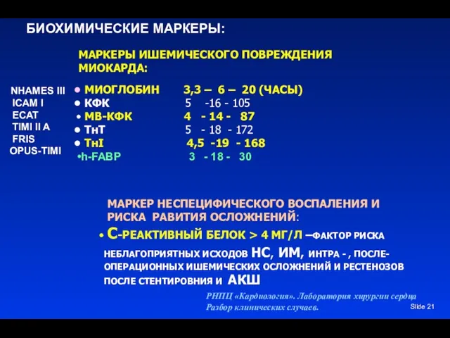 Slide БИОХИМИЧЕСКИЕ МАРКЕРЫ: МИОГЛОБИН 3,3 – 6 – 20 (ЧАСЫ)