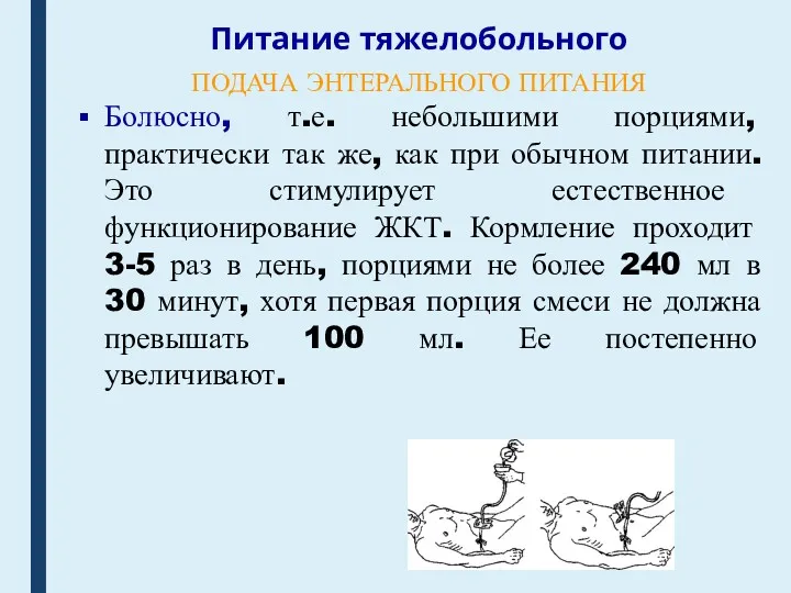 Питание тяжелобольного ПОДАЧА ЭНТЕРАЛЬНОГО ПИТАНИЯ Болюсно, т.е. небольшими порциями, практически