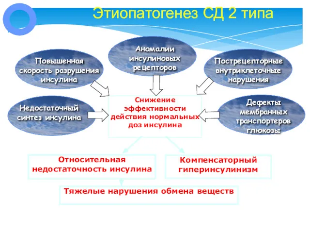 Снижение эффективности действия нормальных доз инсулина Этиопатогенез СД 2 типа