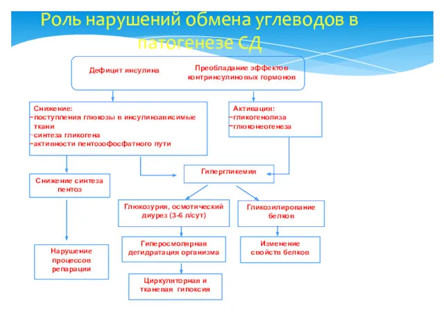 Роль нарушений обмена углеводов в патогенезе СД Дефицит инсулина Снижение: