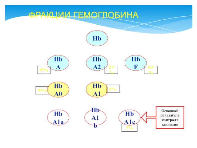 ФРАКЦИИ ГЕМОГЛОБИНА Hb HbA HbA2 HbF HbA0 HbA1 HbA1b HbA1a