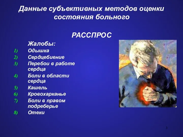 Данные субъективных методов оценки состояния больного РАССПРОС Жалобы: Одышка Сердцебиение