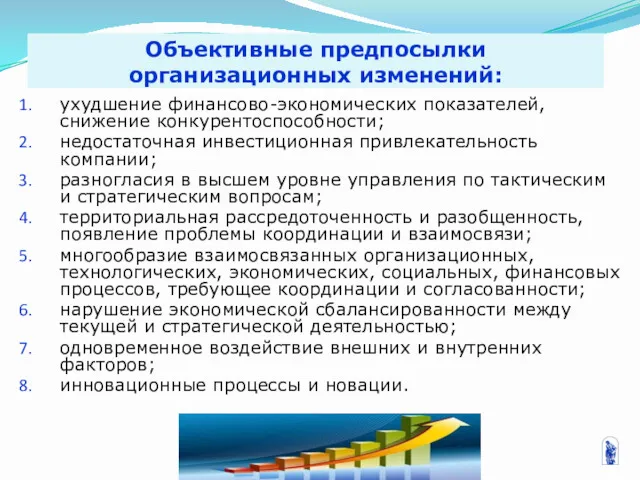 Объективные предпосылки организационных изменений: ухудшение финансово-экономических показателей, снижение конкурентоспособности; недостаточная