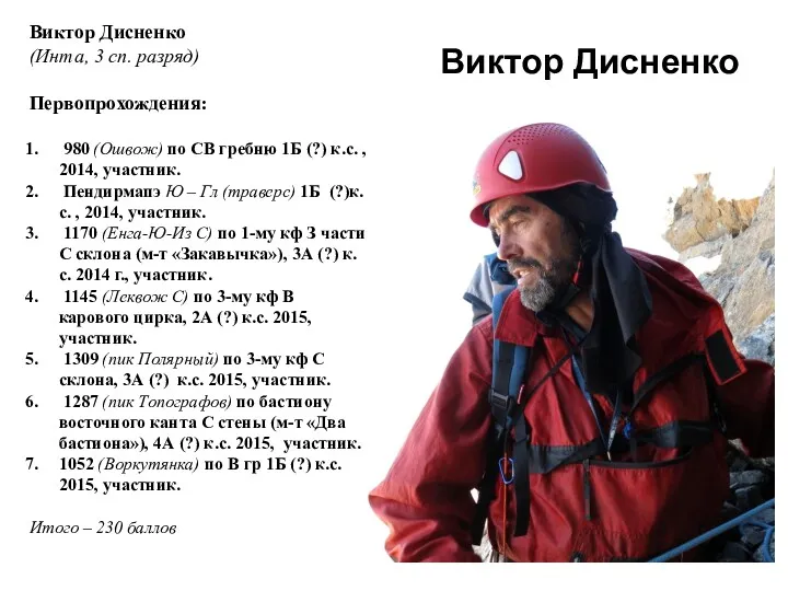 Виктор Дисненко Виктор Дисненко (Инта, 3 сп. разряд) Первопрохождения: 980