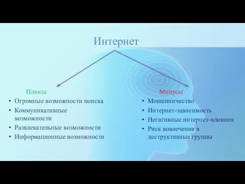 Интернет Плюсы Огромные возможности поиска Коммуникативные возможности Развлекательные возможности Информационные