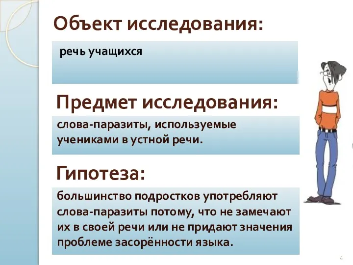 Объект исследования: речь учащихся слова-паразиты, используемые учениками в устной речи.