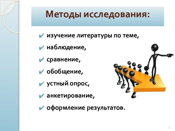 Методы исследования: изучение литературы по теме, наблюдение, сравнение, обобщение, устный опрос, анкетирование, оформление результатов.