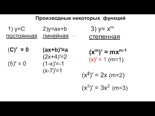 Производные некоторых функций 1) у=С постоянная (С)′ = 0 (5)′