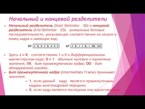 Начальный и концевой разделители Начальный разделитель (Start Delimiter – SD)