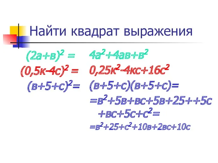 Найти квадрат выражения (2а+в)2 = (0,5к-4с)2 = (в+5+с)2= 4а2+4ав+в2 0,25к2-4кс+16с2 (в+5+с)(в+5+с)= =в2+5в+вс+5в+25++5с+вс+5с+с2= =в2+25+с2+10в+2вс+10с