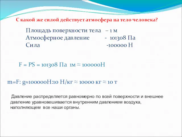 С какой же силой действует атмосфера на тело человека? Площадь