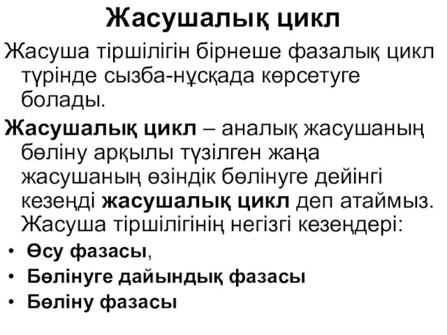 Жасушалық цикл Жасуша тіршілігін бірнеше фазалық цикл түрінде сызба-нұсқада көрсетуге