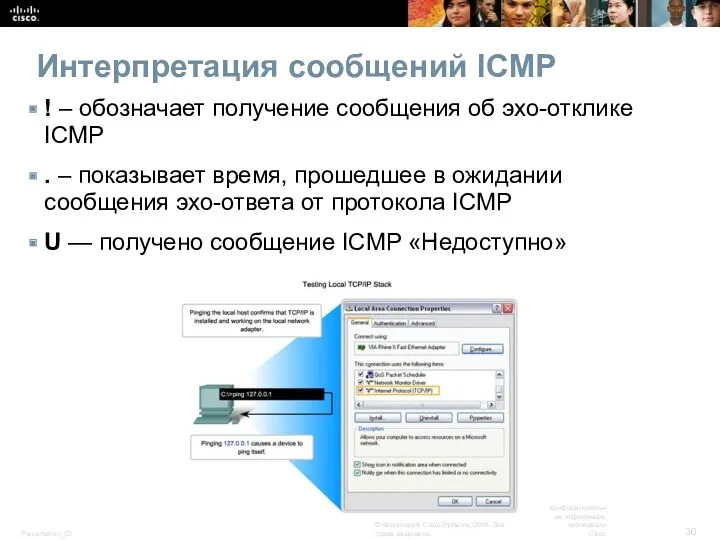 Интерпретация сообщений ICMP ! – обозначает получение сообщения об эхо-отклике