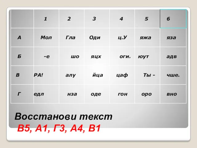 Восстанови текст В5, А1, Г3, А4, В1