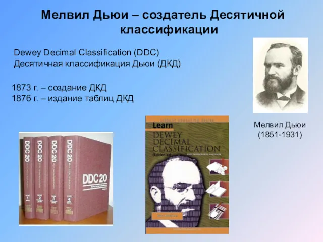 Мелвил Дьюи – создатель Десятичной классификации 1873 г. – создание