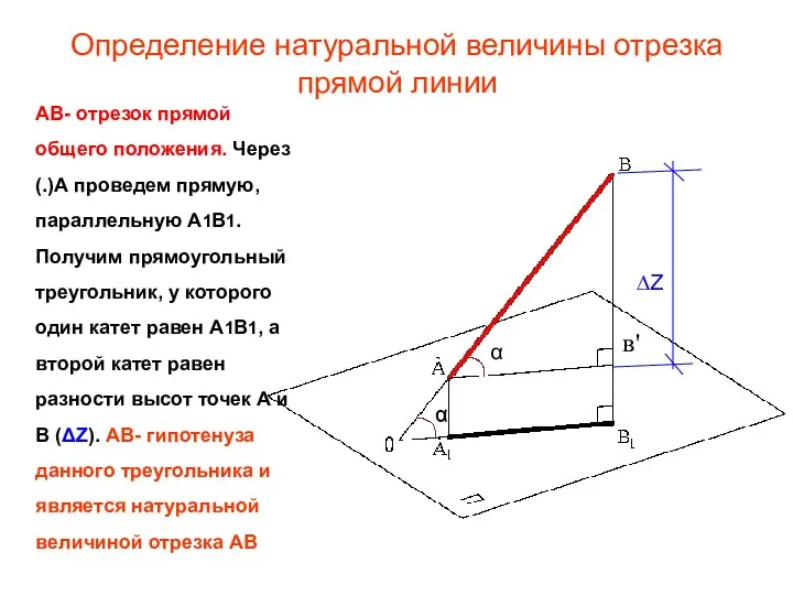 Определение натуральной величины отрезка прямой линии в' α α АВ- отрезок прямой общего