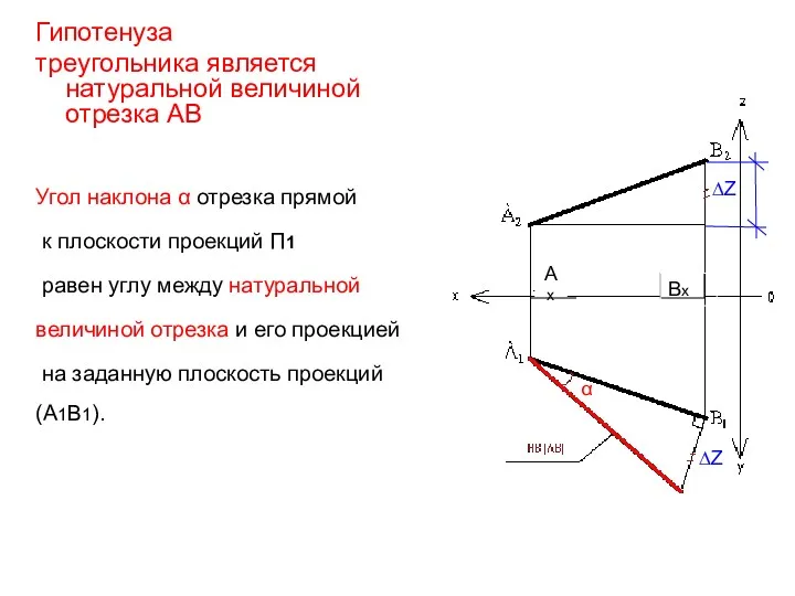Гипотенуза треугольника является натуральной величиной отрезка АВ ∆Z ∆Z α Ах Вх Угол