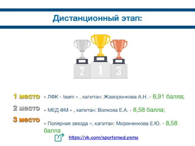 https://vk.com/sportsmed.ysmu Дистанционный этап: « ЛФК - team » , капитан: